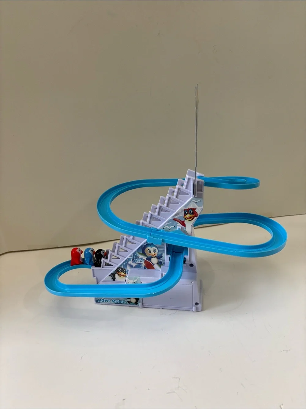Penguin Blue & White Spiral Slide Playset w/ Red, Blue & black Penguins & music